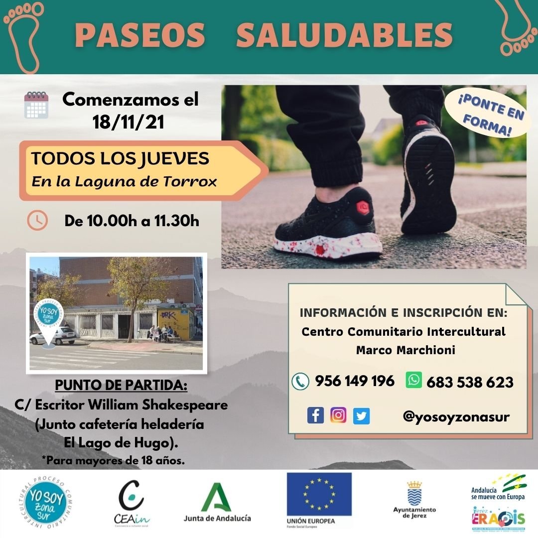yosoyzonasur's tweet photo. *PASEOS SALUDABLES*. Jueves a partir del 18/11. Mantente en forma de manera divertida y en compañía #paseossaludables #procesocomunitario #JEREZ #yosoyzonasur #JuntosHacemosBarrio #ERACIS #fundlacaixa #JuntadeAndalucía #CEAin @ciudadjerez @ceainjerez @AndaluciaJunta @FundlaCaixa https://t.co/f4t5jBaijR