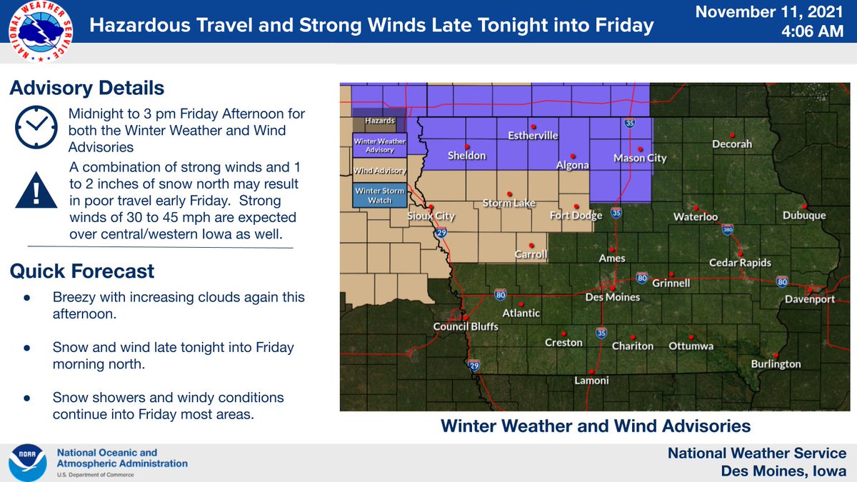A WINTER WEATHER ADVISORY is in effect for portions of northern Iowa and southern Minnesota from late this evening through Friday. Snow is expected. Total snow accumulations of up to 2 inches. Winds gusting as high as 40 to 45 mph at times. For more: https://t.co/2n01dGjlxk https://t.co/WPq65TXJut