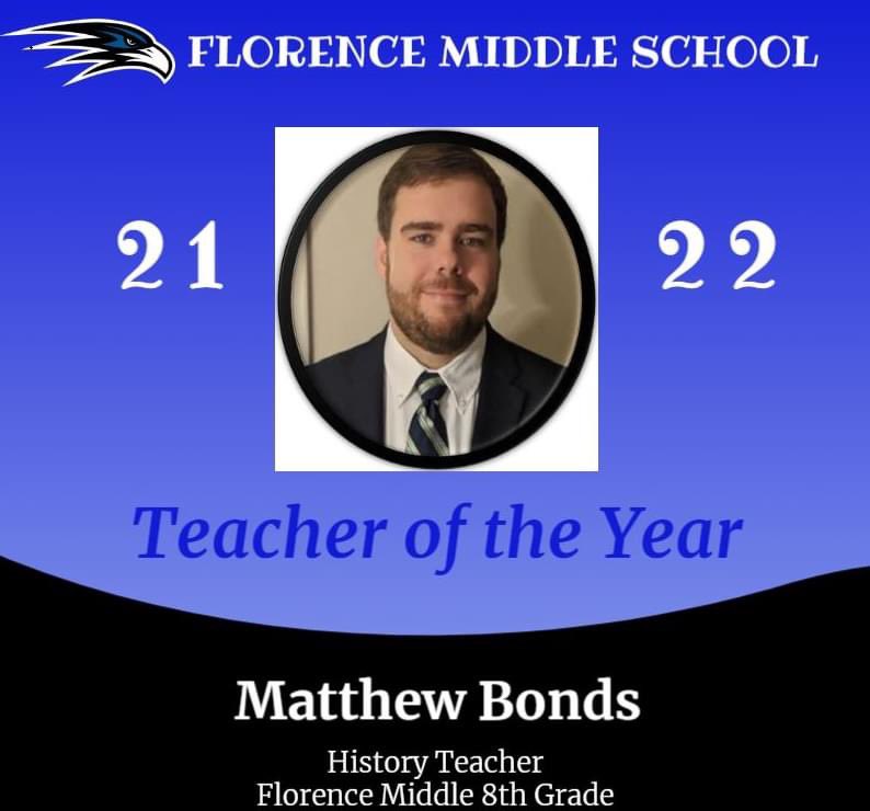 FloEdFoundation's tweet photo. Congratulations to Matthew Bonds, Florence Middle School Teacher of the Year for the 2021–2022 school year. @FCSLearn @FlorenceMiddle https://t.co/GReGrArfiX