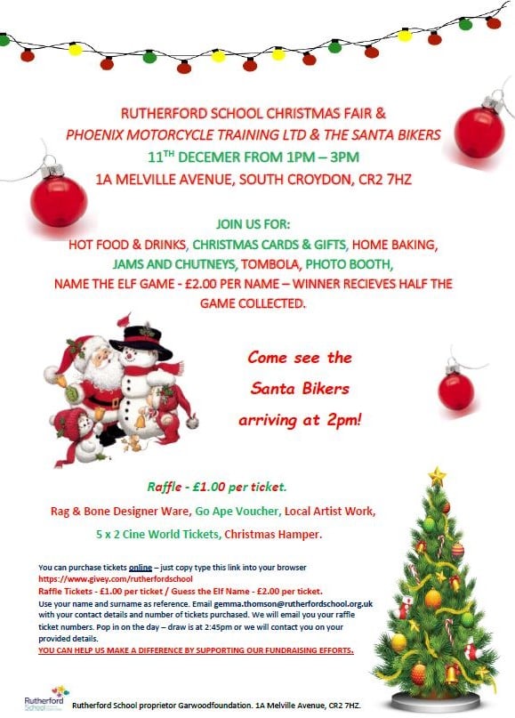Put the 11th of December in your diary! <a href="/Rutherfordpmld1/">Rutherford School</a>, South Croydon. Everybody is invited. It is always a big highlight when our Santa Bikers come. 

All money raised will benefit our pupils with #PMLD 

Equally, if anybody has any raffle prizes to donate, please let us know.
