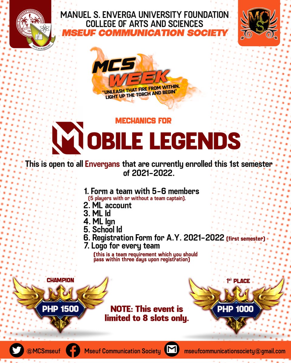 MCSmseuf's tweet photo. The MSEUF Communication Society invites you to this year’s 𝐌𝐂𝐒 𝐖𝐞𝐞𝐤 𝟐𝟎𝟐𝟏: 𝐌𝐨𝐛𝐢𝐥𝐞 𝐋𝐞𝐠𝐞𝐧𝐝s 𝐓𝐨𝐮𝐫𝐧𝐚𝐦𝐞𝐧𝐭 being part of the MCS Week activities that aim to enhance your leadership and communication skills. Join us this November 23-26, 2021. https://t.co/DC1TM0TsFY