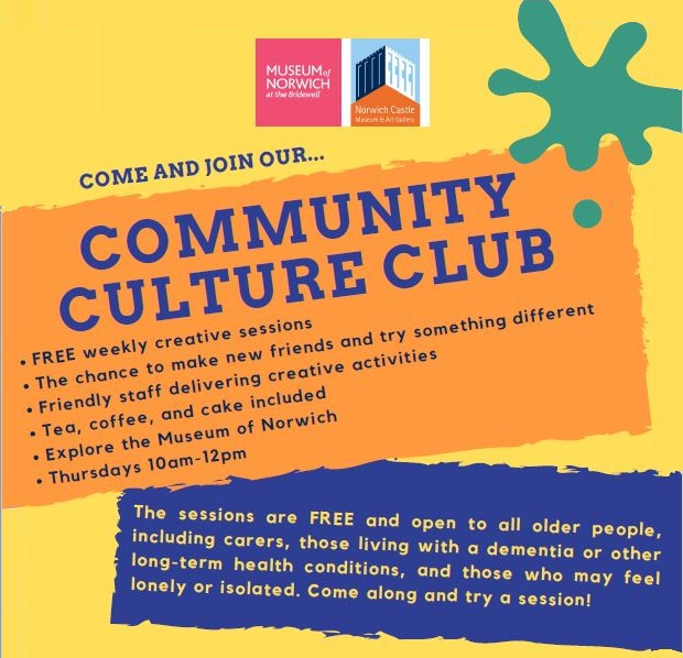 museumofnorwich's tweet image. We are so excited to be launching our new Community Culture Club next week. Enjoy a morning out, get creative and make new friends. If you would like to know more, please contact rosalind.hewett@norfolk.gov.uk 
#adultlearning #wellbeing @NorwichCastle