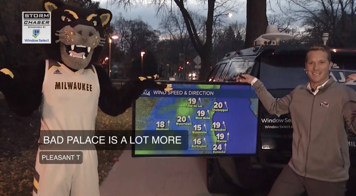 SusanKim4's tweet photo. .⁦@PouncePanther⁩ helping @brianNizTMJ4 with the weather. 

Is there anything better?! 

⁦@tmj4⁩ @uwm https://t.co/G8bT74JAGx