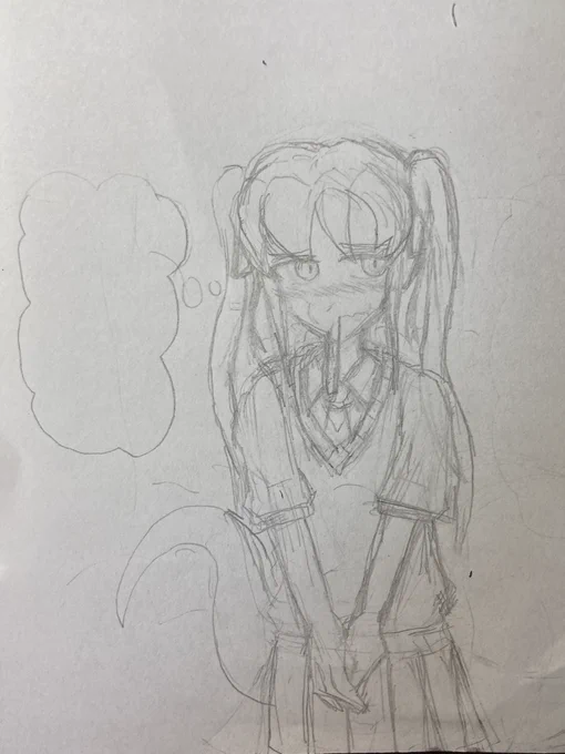 いつもの下書きメイキングと小話〜

下書き時点ではセリフは考えておらず、尻尾とツインテールの形が変だったので修正しました

1枚目の下書きを描き直して2枚目のやつになりましたがデジタルで描いてから(3枚目)さらに変だと気づいたので保存していた1枚目でやることに

とっといてよかった笑 