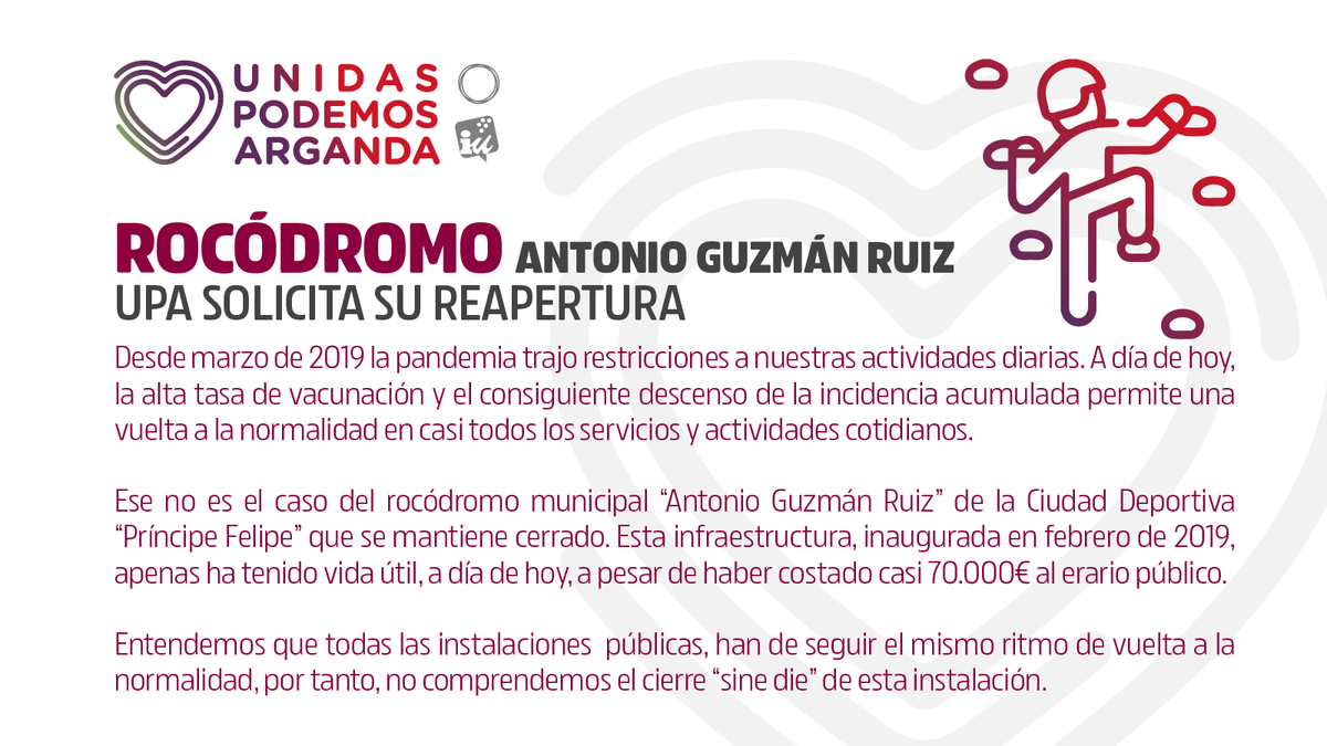 UPArganda's tweet photo. @PodemosArganda @IU_Arganda Desde el comienzo de la pandemia se han mantenido restricciones que ahora se levantan en la mayoría de los servicios, gracias a la alta tasa de vacunación.

Este no es el caso de nuestro rocódromo, que a penas tuvo tiempo de estar abierto al público y permanece aún cerrado. https://t.co/QH2PTl7g8S