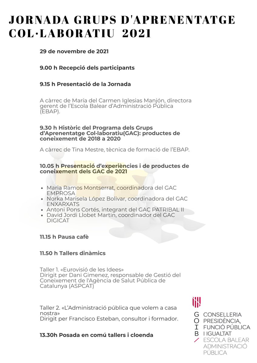 EBAP_GOIB's tweet photo. L'EBAP organitza una Jornada de Bones Pràctiques dels Grups d'Aprenentatge Col·laboratiu 2021
📆 29 de novembre de 9.00 a 14.00 h 
🏢 Auditòrium del Parc Bit 
Compartirem experiències i aprofundirem en el poder de la col·laboració en la gestió del coneixement
@PresidenciaGOIB https://t.co/7hFULHT930