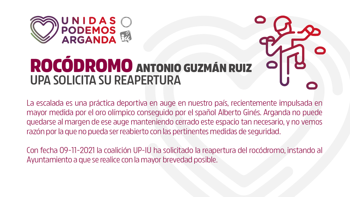 UPArganda's tweet photo. @PodemosArganda @IU_Arganda La escalada es una práctica deportiva en auge, con una demanda no satisfecha en nuestro municipio. No vemos motivos para que la instalación permanezca cerrada, por lo que solicitamos su reapertura ante el Ayuntamiento de #Arganda esperando que nuestra petición sea escuchada. https://t.co/LlgqcWlqxh