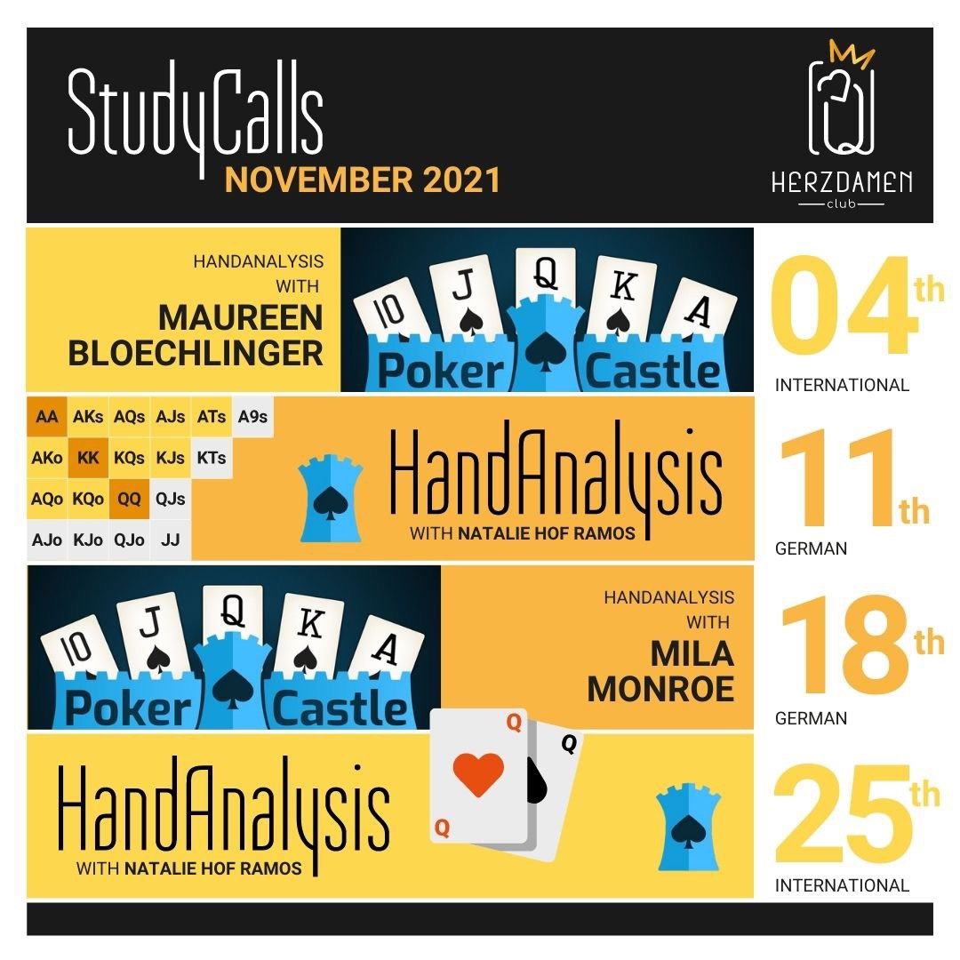 mjbloech's tweet photo. Heute Abend um 20.30 Uhr findet unser @herzdamen Study Call auf deutsch statt. @mila_monroe33 hat eine Hand vorbereitet und danach trainieren wir mit @PokerCastle. PN uns wenn du dabei sein willst. #womeinpoker #studycall https://t.co/4o6GFB4ZUw https://t.co/fwDc9BCqxT