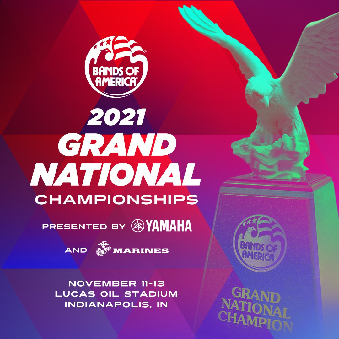 BANDSOFAMERICA's tweet photo. It's here – The 2021 Bands of America Grand National Championships, presented by Yamaha &amp; U.S. Marines! Prelims performances start at 8:45 a.m. ET. Join us in Lucas Oil Stadium, or watch live online at https://t.co/CPij61IcRA powered by BOX5 Media. https://t.co/Du73EmeNKc https://t.co/jWIYsLS2S2