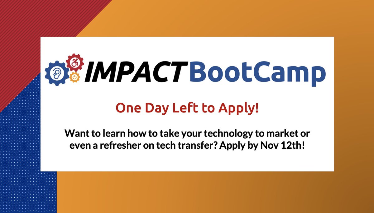 idea_2_IMPACT's tweet photo. One day left to apply to IMPACT BootCamp. Deadline is tomorrow, November 12th. Apply Today! https://t.co/tZPSpdpkSe
Read more about the training program https://t.co/tETUxVthX6
@ACLgov @NARICInfo @PittSHRS
#techtransfer #onlinetraining #ATTT #impactbootcamp https://t.co/UyAxl7JqzY