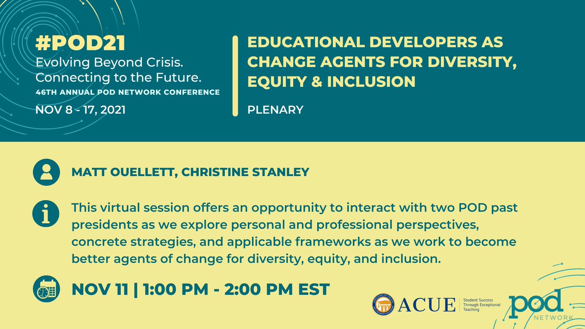 PODNetworkHQ's tweet photo. Today's plenary session comes in partnership with our friends at @ACUE_HQ, one of the sponsors of #POD21. 

Hosted by @matt_ouellett and Christine Stanley: https://t.co/aKsYYcS1Hu https://t.co/xUdq8Ia3SQ