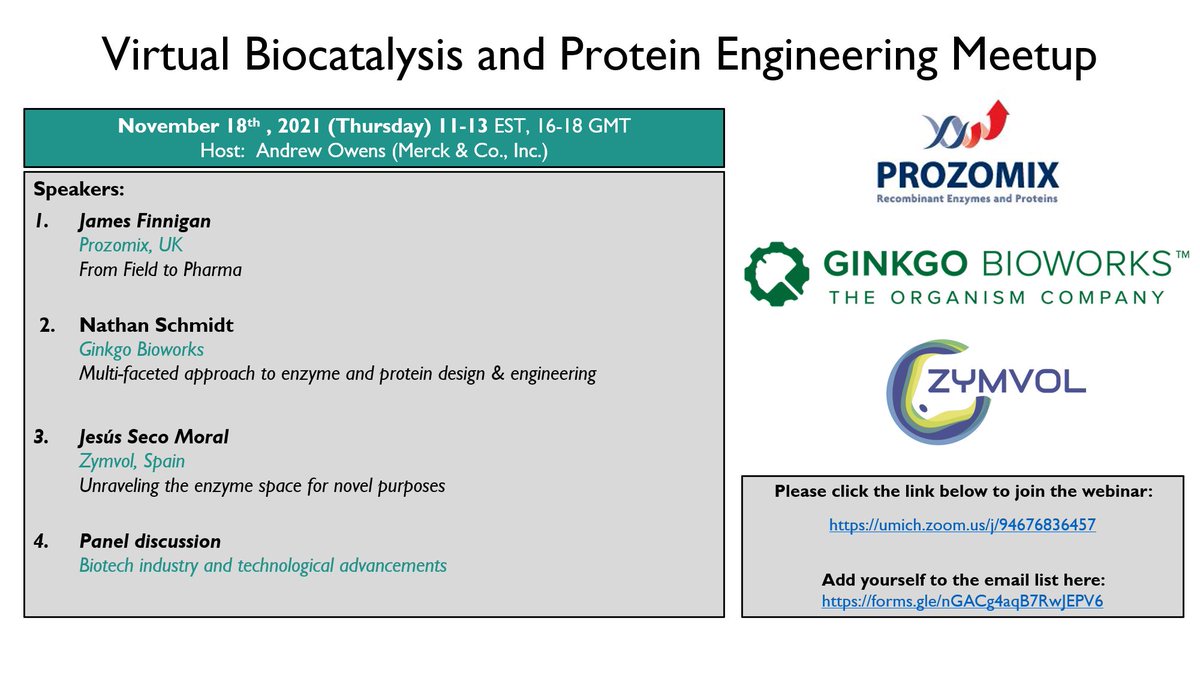 how can you put innovation  into industrial practice? Join us on Nov 18th 11 am EST to see how @Ginkgo @Prozomix and @zymvol power #enzyme discovery and (r)evolution in #biocatalysis and #proteinengineering more info: tinyurl.com/5fez2jhy