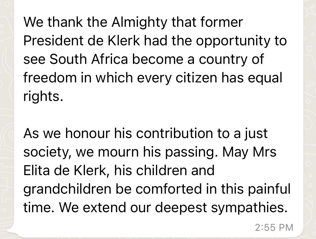 _NMabaso's tweet photo. IFP founding President Prince Mangosuthu Buthelezi's statement of the passing of  last Apartheid's President FW de Klerk;

"This is a painful moment, not only for his family, but for our entire nation. We have lost a champion of democratic principles and constitutionalism who https://t.co/kbYh8g4EvY