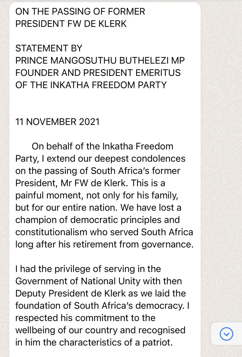 _NMabaso's tweet photo. IFP founding President Prince Mangosuthu Buthelezi's statement of the passing of  last Apartheid's President FW de Klerk;

"This is a painful moment, not only for his family, but for our entire nation. We have lost a champion of democratic principles and constitutionalism who https://t.co/kbYh8g4EvY