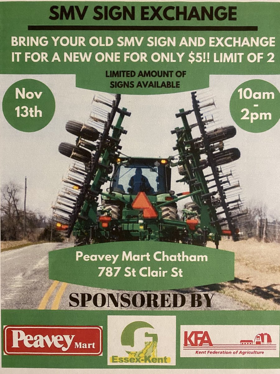 Everyone talks road safety but here’s a way you can take action. Switch your old SMV sign tomorrow for $5 at Chatham Peavey Mart (aka TSC) 🚜 #ontag #roadsafety