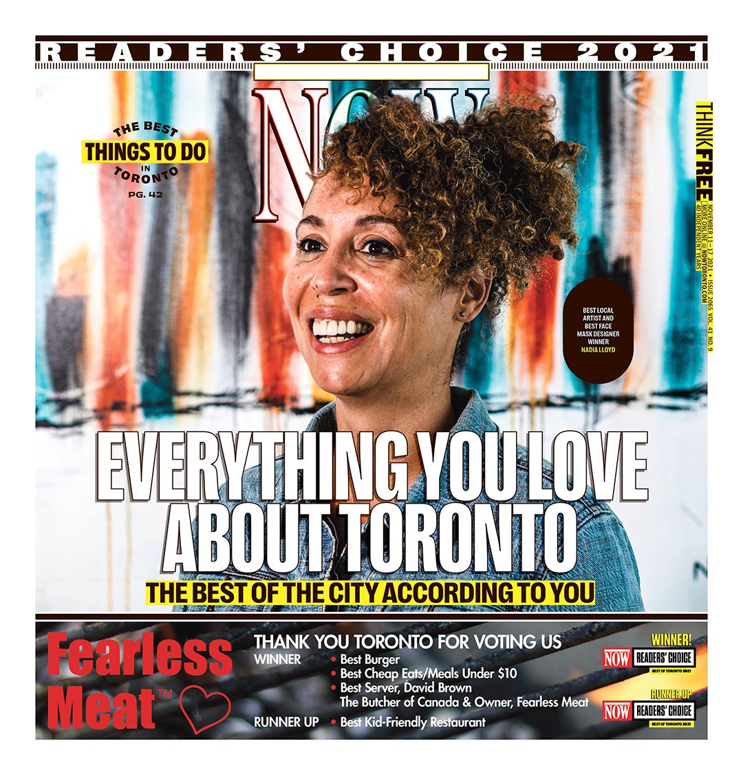 nowtoronto's tweet photo. This week's cover: Local artist @NadialloydTO leads our Readers Choice issue featuring your favourite restaurants, clothing stores, internet providers, galleries, artists and more. #nowrc https://t.co/N95c5Fs1Sj https://t.co/t95CdUr8DA