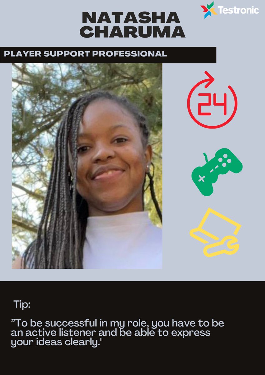 Today we'd like to get you acquainted with our wonderful colleague, who's an integral part of the Player Support Team, Natasha. She's travelled from Zimbabwe to Poland. Meet her at: bit.ly/3C6W6LM
#ourteam #ourpeople #testronic #playersupport #joinus #gametesting #wehire