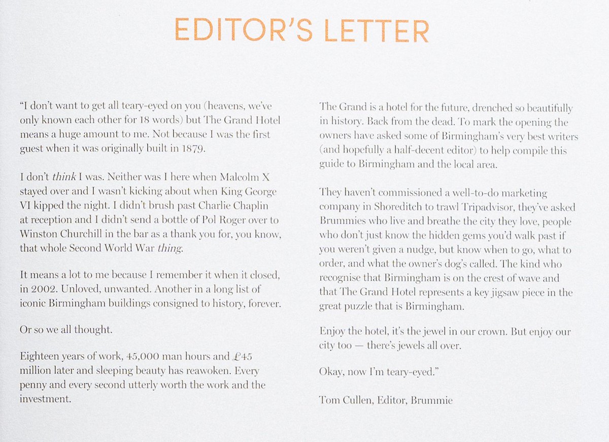 ichoosemag's tweet photo. Edited and contributed (along with an A-Team of Brum writers, designers and snappers - all tagged) on the @GrandHotelBrum’s new guide to the city: Telegram. Hopefully the editor’s letter gets across some of the pride many of us feel to see the return of this beautiful building. https://t.co/SHrAK725AF