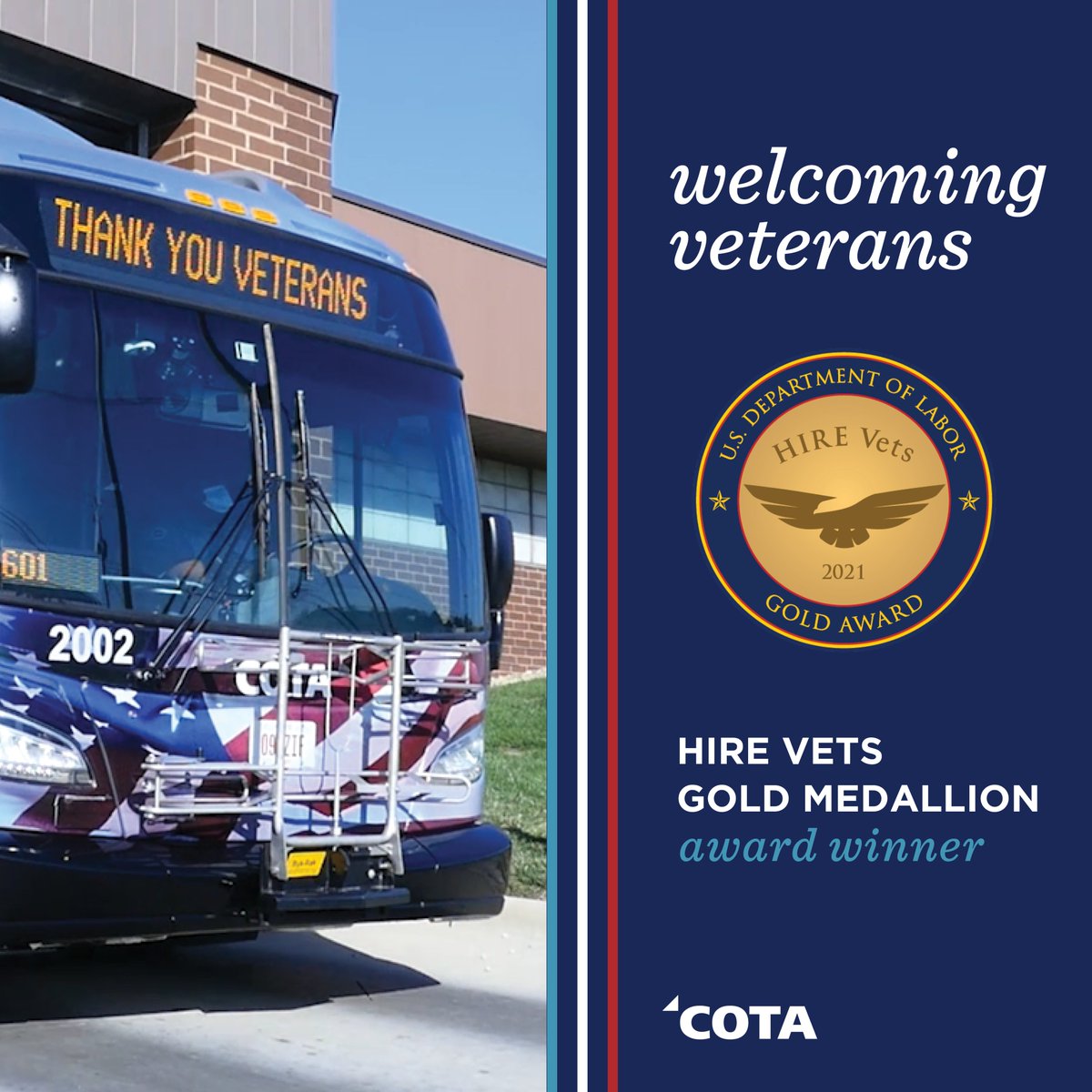 This #VeteransDay, we are honored to share that COTA won the HIRE Vets Gold Medallion Award. This is the only federal award that recognizes exceptional achievement in Veteran employment. 

<a href="/joanna5317/">Joanna M. Pinkerton</a>