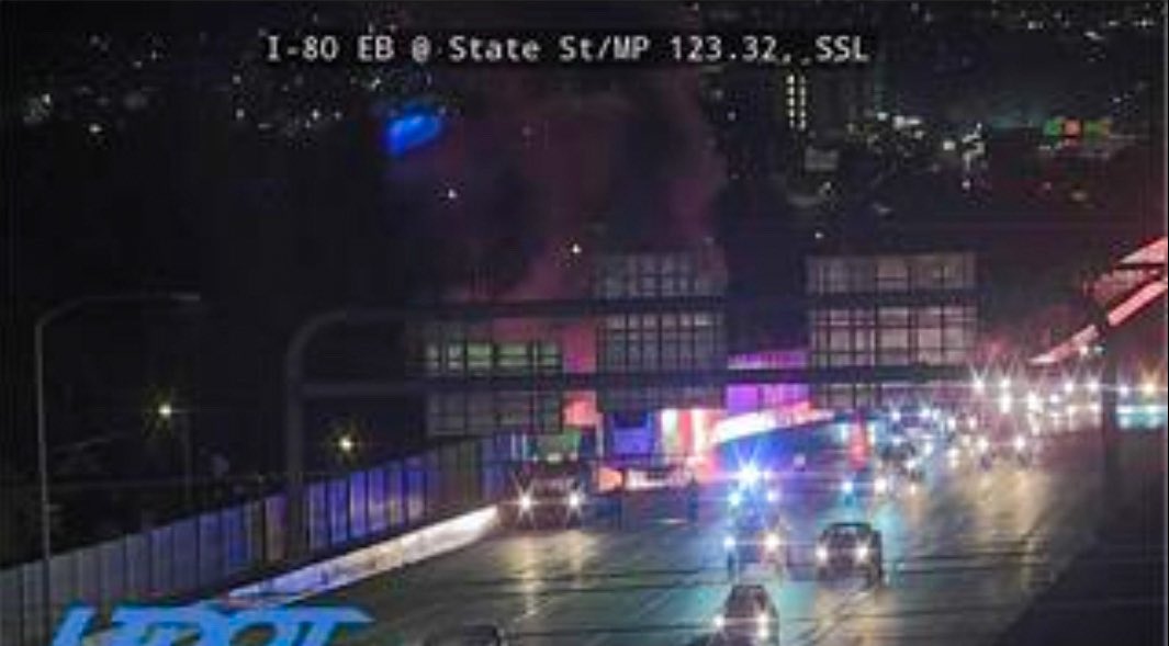 SLCScanner's tweet photo. #Breaking #TrailerFire 300 E I-80 WB. #SSLFD on scene of a trailer on fire. Reports that it was hauling #IceCream Use caution if your in the area. #Smoke is visible from 700 E. https://t.co/MJ7xwqA82x