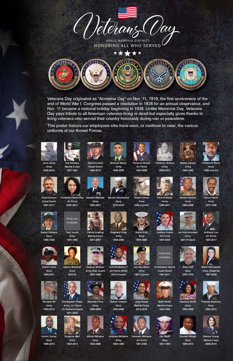 MemphisDistrict's tweet photo. #VeteransDay Today is Veterans Day, a day we honor our Nation’s Veterans. Thank you to our Veterans who serve in the Memphis District. https://t.co/KWhlPzf3dj