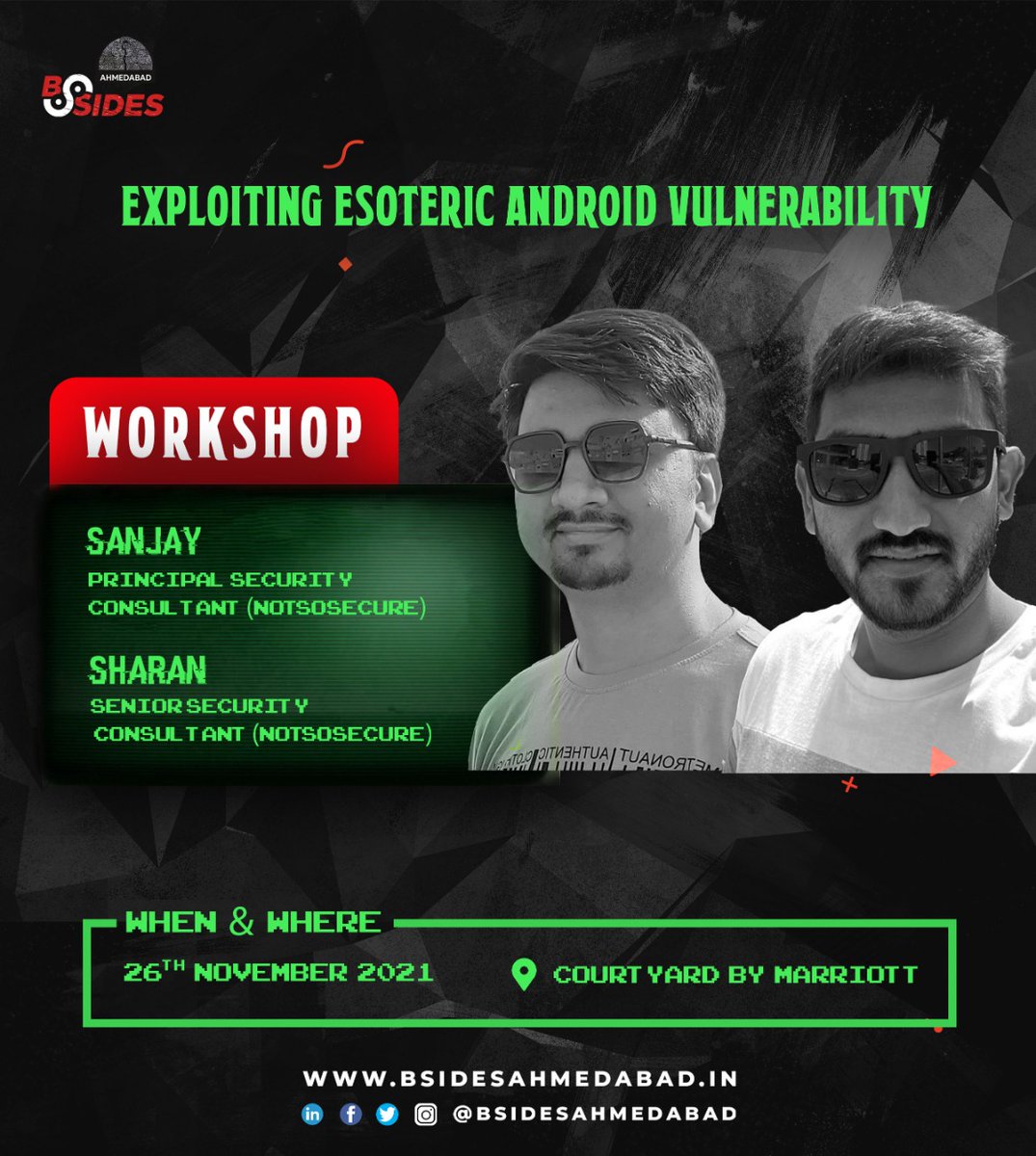 Security BSides Ahmedabad (@bsidesahmedabad) on Twitter photo Delighted to welcome @realsanjay & <a href="/PanegavSharan/">Sharan Panegav</a> to present their workshop on "Exploiting Esoteric Android Vulnerability" at BSides Ahmedabad 0x02.
#BSidesAhmedabad2021 #SecurityBSides #CyberSecurity #Conference #Hacking #Event #BugBounty #InfoSec #AppSec #AndroidSecurity Delighted to welcome @realsanjay & <a href="/PanegavSharan/">Sharan Panegav</a> to present their workshop on "Exploiting Esoteric Android Vulnerability" at BSides Ahmedabad 0x02.
#BSidesAhmedabad2021 #SecurityBSides #CyberSecurity #Conference #Hacking #Event #BugBounty #InfoSec #AppSec #AndroidSecurity