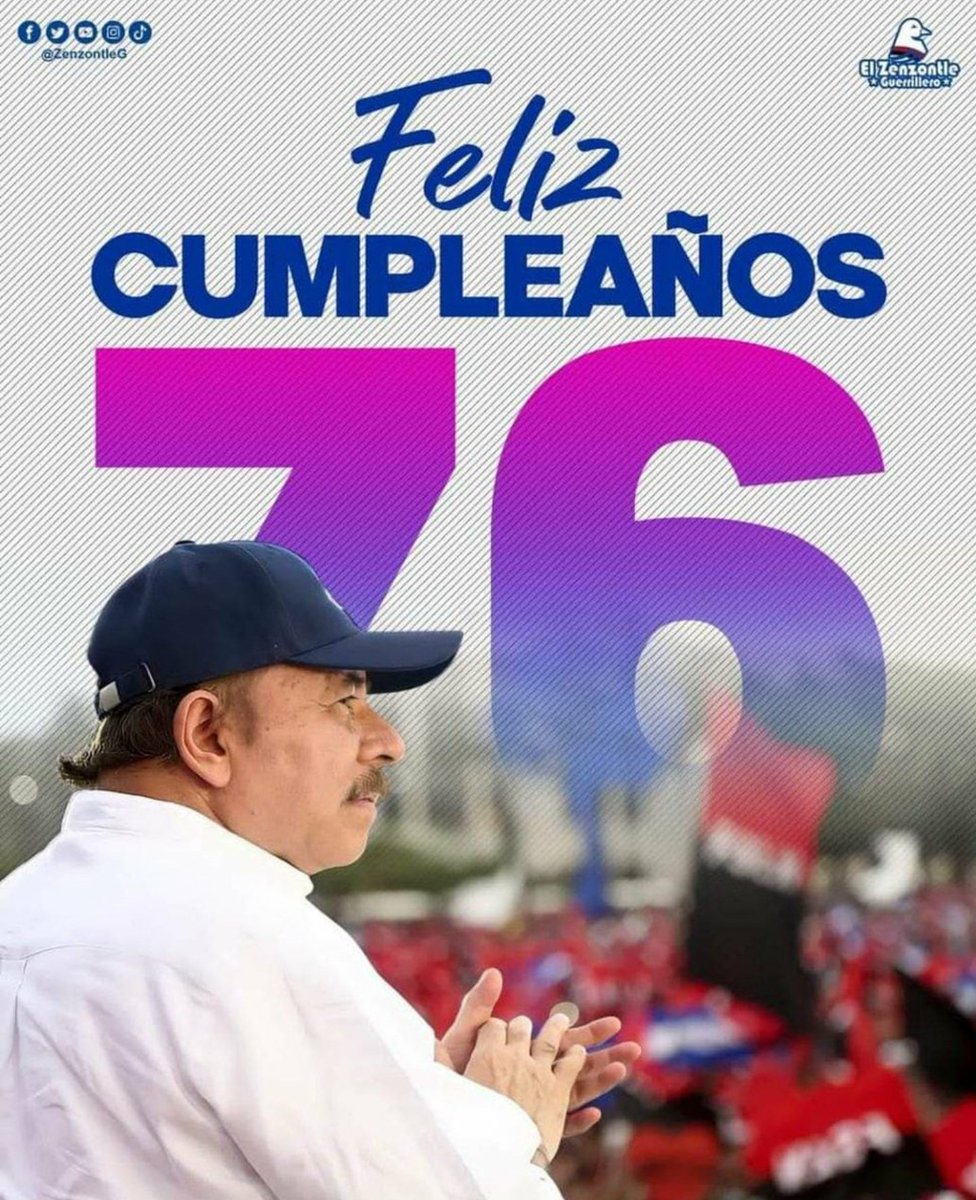 Hoy está de cumpleaños nuestro máximo líder Comandante Daniel Ortega, #Nicaragua celebra tu vida Comandante. Celebramos tu victoria,  Celebramos la dicha que Dios nos da de tenerte siempre al lado del pueblo.
#UnidosEnVictorias 
#DanielSiempreAlFrente 
<a href="/NicaSoberana/">Tania la nica soberana</a>