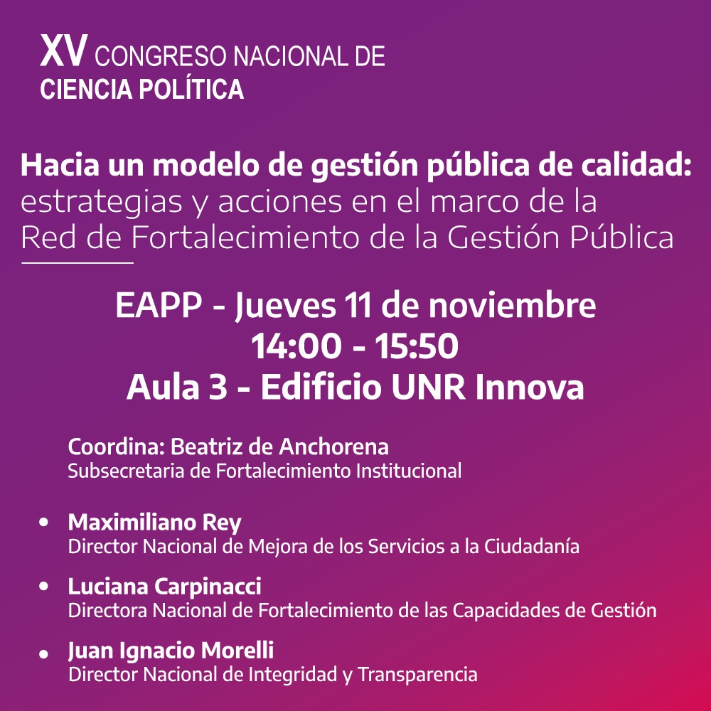 beanchorena's tweet photo. Las y los espero en el XV Congreso Nacional de Ciencia Política @RedSAAP A partir de las 14 hs. compartiremos con todas y todos cómo la Subsecretaría de Fortalecimiento Institucional construye capacidades para un Estado Presente y un proyecto de desarrollo con justicia social. https://t.co/f7ETdJmTNX