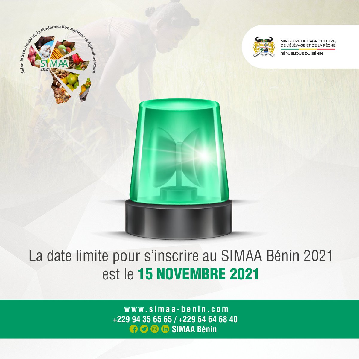 SimaaBenin's tweet photo. Les enregistrements pour participer au SIMAA Bénin 2021 seront clôturés le 15 Novembre 2021. Il ne reste que 04 jours. 
Tous les formulaires à remplir pour s’inscrire, selon le type de participation choisi, sont disponibles ici : https://t.co/ouoP2W0WXF
Tél : +229 66 37 93 19 https://t.co/60L1vJzlJx
