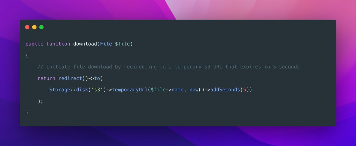 Philo01's tweet image. Laravel Tip: You can use temporary download URLs for your cloud storage resources to prevent unwanted access. For example, when a user wants to download a file, we redirect to an s3 resource but have the URL expire in 5 seconds.