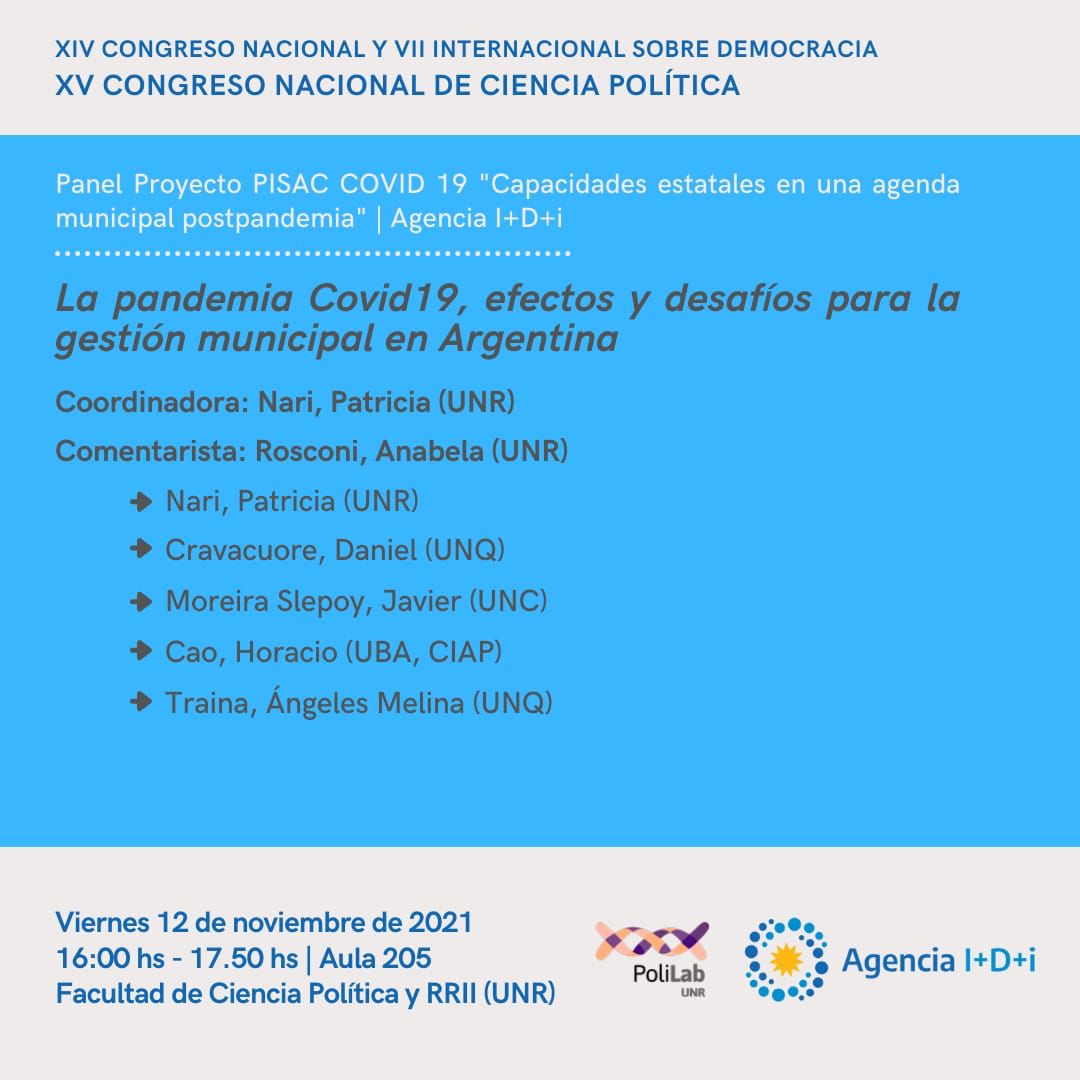 Mañana en Rosario! todas y todos invitados a la presentación de los avances de este gran proyecto de investigación municipalista y federal, PisacCovid19 #CongresoSAAP <a href="/polilabunr/">PoliLab UNR</a>
<a href="/agenciaidiar/">Agencia I+D+i</a> <a href="/horaciocao30/">Horacio Cao</a> <a href="/RitaGrandinetti/">Rita Grandinetti</a> <a href="/AngelesTraina/">Angeles Traina</a> #JavierMoreyra #AniRosconi  <a href="/dcravacuore/">Daniel Cravacuore</a>