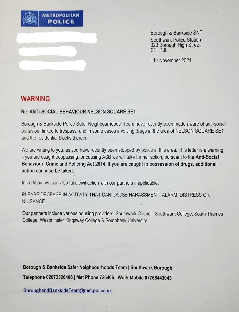 MPSBoroughBank's tweet photo. Recent #StopAndSearches #NelsonSquare @se1 areas have identified several #ASB #Perpetrators. Today we have also sent warning letters home. If it carries on, we'll take further action...
#HelenGladstoneHouse & #RowlandHillHouse @lb_southwark https://t.co/fvVrmDqP7B