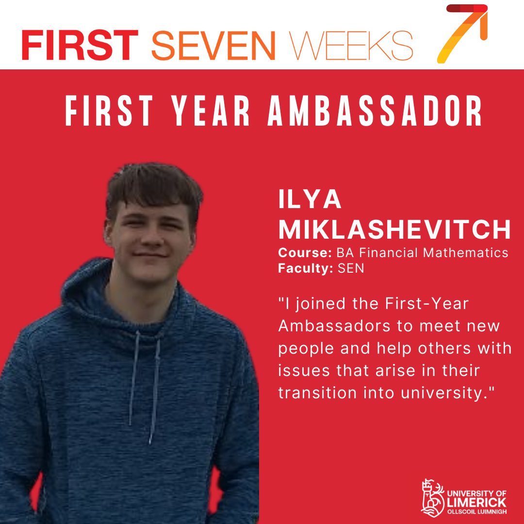 ULF7W's tweet photo. Meet Ilya - a first year ambassador! He volunteers to help students make the leap to third level. Find out more about the programme &amp; volunteer by checking out @ul_pva ✨ Follow Ilya on IG @ritoisteeto &amp; Snapchat @ilyam2003
#firstsevenweeksul #firstyearsupport #academiclife #ul https://t.co/oQ4IvqMblu