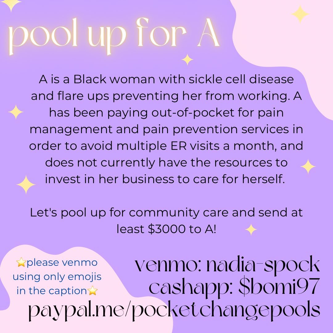 pc_pools's tweet photo. good morn poolers! today we are pooling up for A! our friend A has a chronic illness that prevents her from being able to fully take care of herself. we’re hoping to fund some pain medication/management services so that A can live comfortably! 🤞

VNMO nadia-spock
give $5 and RT! https://t.co/ZXu9hZWQEU