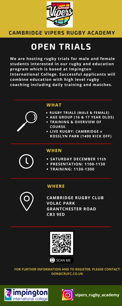 CrufcRugby's tweet photo. After yesterday’s winning performance we are pleased to announce details of our “Open Trials” event @camrufc on 11th December for 2022/23 recruitment👇👇🐍🏉 https://t.co/kTkQBhS1oV