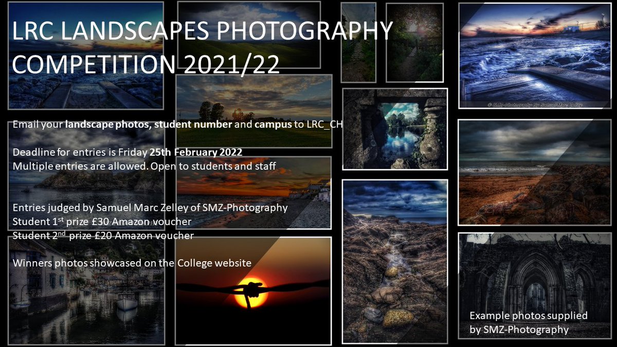 LRC_WiltsColl's tweet photo. Calling all students and staff of @WiltsColl! It is time for the LRC photography competition! This years theme is...LANDSCAPE. We encourage everyone to take part! The deadline is Friday 25th February 2022, good luck to all that enter! 🌲🍃📸 #photography #landscape #Competition https://t.co/jTs7kYpbCO