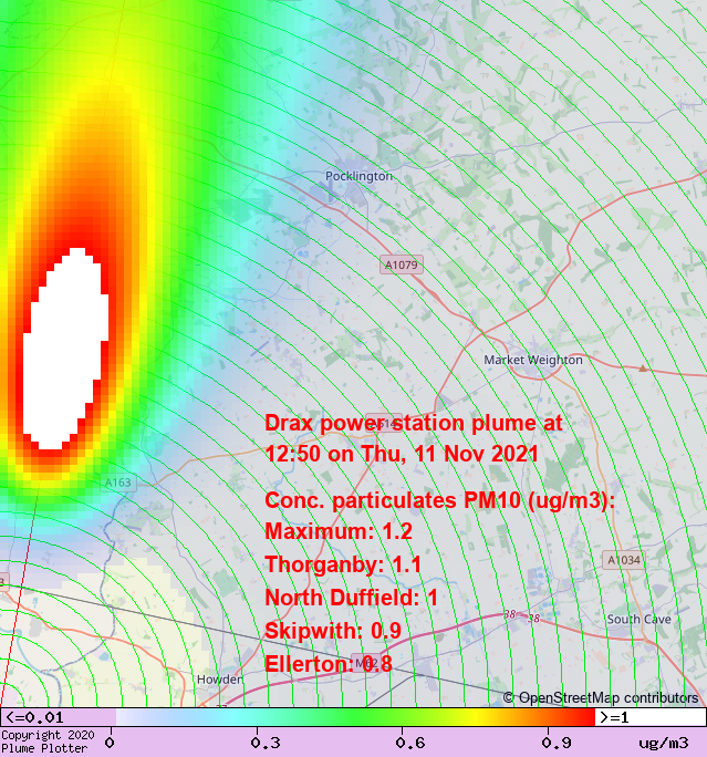 plumeplotter's tweet photo. Latest Drax power station plume plot, 12:50 11/11/21 #Thorganby #NorthDuffield #Skipwith https://t.co/C2fc9OUGbj https://t.co/aenJ7OioA5
