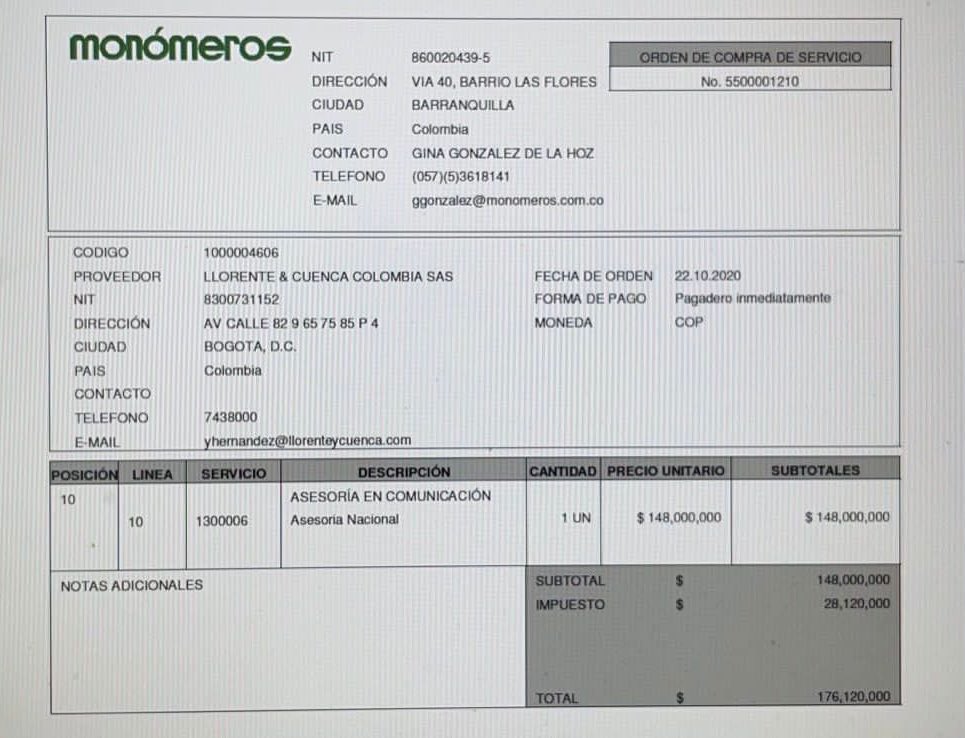 oavendano's tweet photo. #Hilo | Monómeros contrató con la empresa Llorente y Cuenca para servicios de comunicaciones. Una de las facturas fue por US$ 70 mil. @antonietamlopez trabaja como vicepresidente en Llorente y Cuenca. Carmen Elisa Hernández, expresidenta de Monomeros, me confirmó contratos. https://t.co/8iwR2Ttfi7