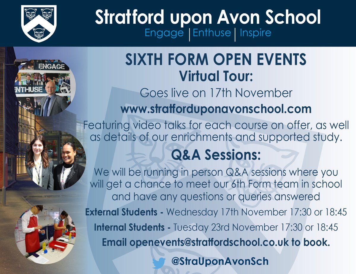 StraUponAvonSch's tweet photo. In place of our Sixth form open evening we are now running in person Q&amp;A Sessions along with our virtual tour. See below for more details. https://t.co/s7P98Cq7Sd