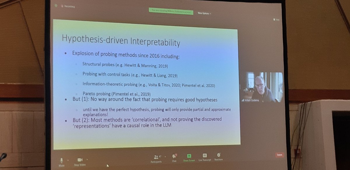 Yonatan Belinkov (@boknilev) on Twitter photo @wzuidema <a href="/sarahookr/">Sara Hooker</a> <a href="/anmarasovic/">Ana Marasović</a> Hot take from @wzuidema : progress in probing classifiers will not come from sophisticated probing techniques but from the hard work of forming better hypotheses. @wzuidema <a href="/sarahookr/">Sara Hooker</a> <a href="/anmarasovic/">Ana Marasović</a> Hot take from @wzuidema : progress in probing classifiers will not come from sophisticated probing techniques but from the hard work of forming better hypotheses.