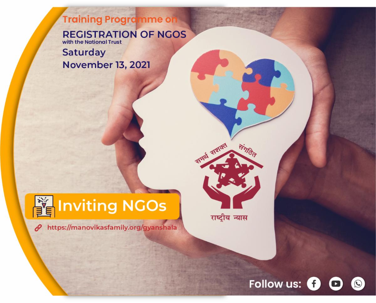 joinmanovikas's tweet photo. Training Programme on Registration of NGOs with the National Trust Act 
Registration as per section 12(1) of the National Trust Act
The State Nodal Agency Center, Delhi is inviting NGOs 
Click here to join on Saturday, November 13, 2021 at 3.00 PM
https://t.co/QjnlKDPSJG https://t.co/9Iqur5E5Tn
