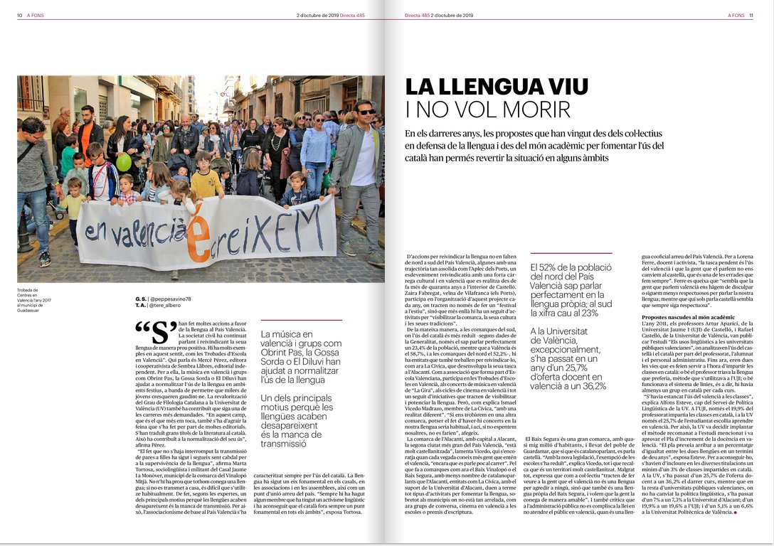La_Directa's tweet photo. @SBarriCabanyal @PAH_Valencia @EntreBarris @NoALaZAL @cuidembeni @la_saidia @ElRogle_MiA @LaiaMas @peppesavino78 @Paula__Duran @llenguacat @VictriaVic @EsterFayos #6AnysDirectaPV | La llengua viu i no vol morir. Propostes de col·lectius i del món acadèmic per fomentar l'ús del català han permès revertir la situació en alguns àmbits https://t.co/McivxR2QRT 

📊 @peppesavino78 i @tere_albero 
🗓️ Octubre de 2019, #Directa485 https://t.co/zyMkh5ISpa