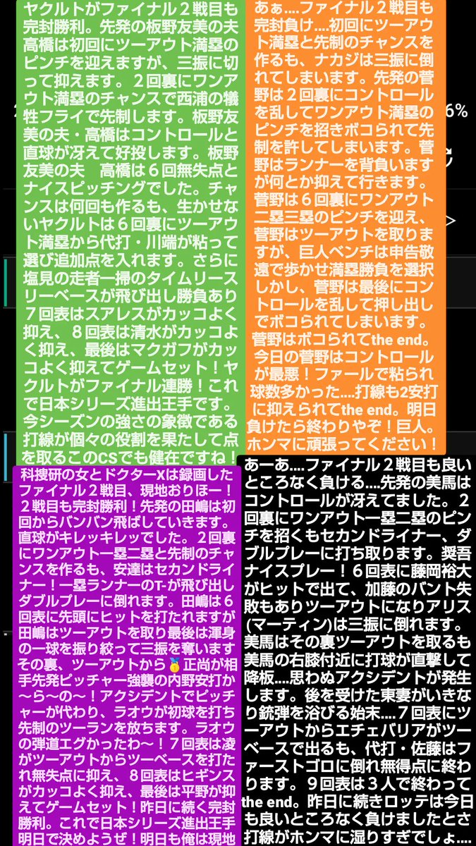 yutaka48377063's tweet image. CSファイナルステージの振り返り一気にまとめて書きました。読んでくださいませ。

#プロ野球CS 
#Swallows 
#絶対大丈夫
#Giants 
#オリックスバファローズ 
#千葉ロッテマリーンズ
