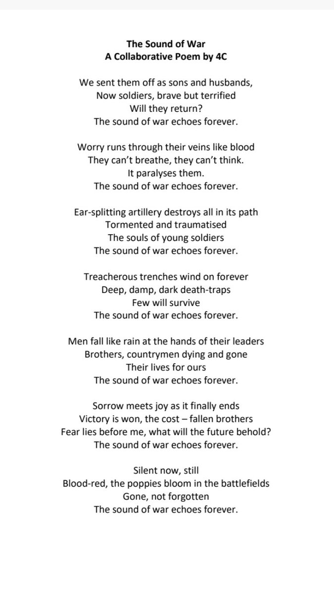 #4C have been writing collaboratively today, with small groups writing a verse each. #youngwriters #poetry #remembrance #armistice <a href="/NationalPoetry/">National Poetry</a> @CSCJES <a href="/CSC_langlitcomm/">CSC_LLC</a>