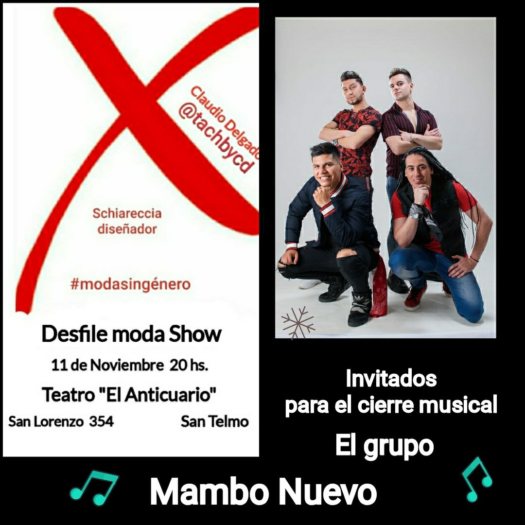 MamboNuevo's tweet photo. Está noche estaremos participando del #desfilemodashow !!. Gracias @claudiodelgadoartistaok por la invitación !. Los invitamos a todos al #teatroelanticuario 🎭. 
#modasingenero 
#show @vipmagazine5 https://t.co/9Cxm92NWxg