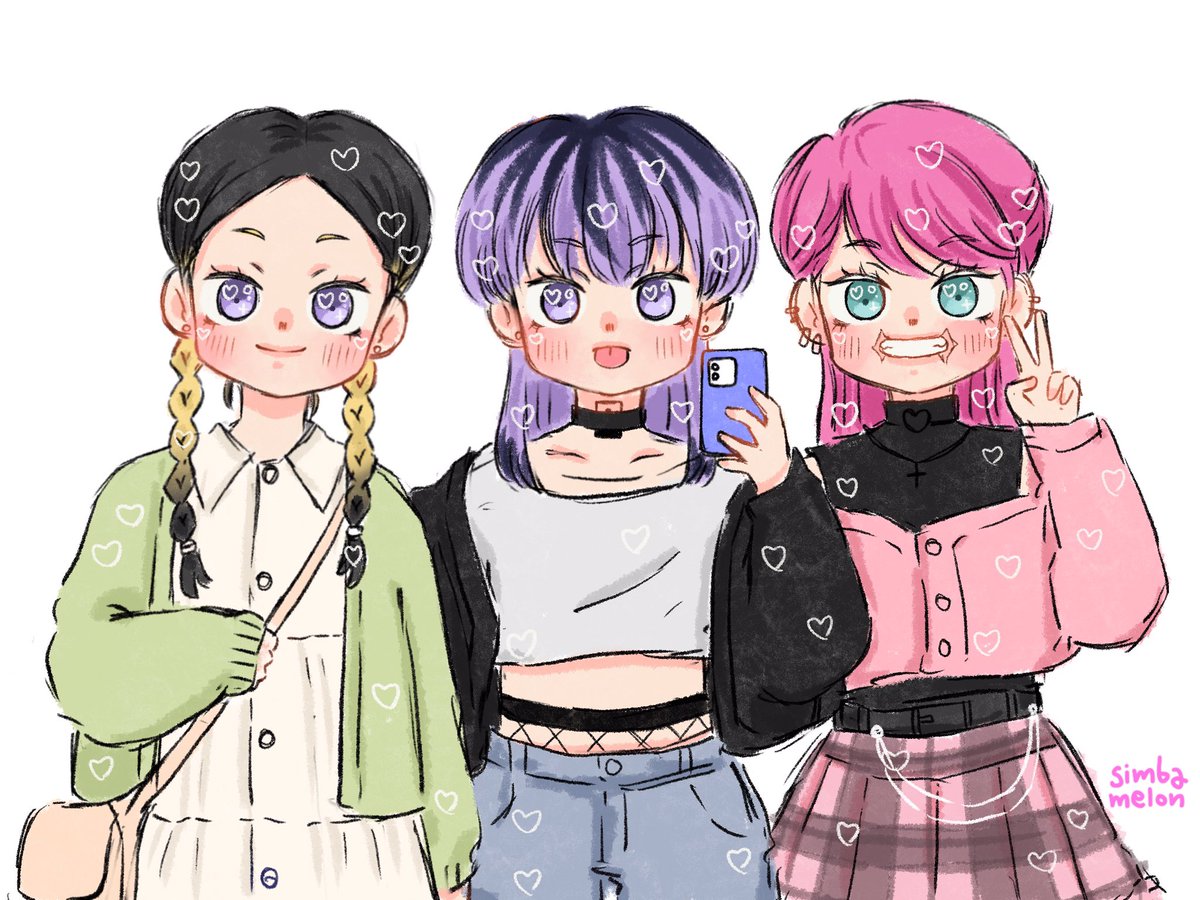 multiple girls 3girls pink hair black hair purple hair v phone  illustration images