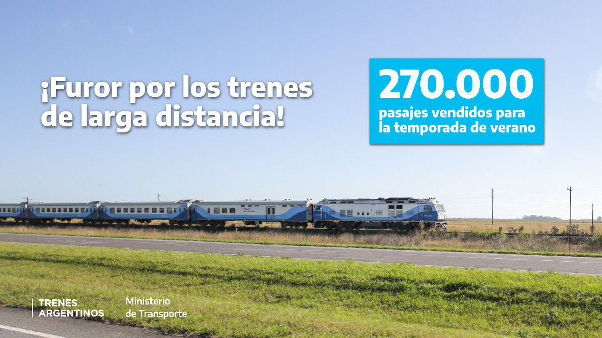 MartinMarinucci's tweet photo. 🚊El furor por los trenes de larga distancia permitirá reactivar el turismo en grandes ciudades durante la temporada de verano.

El viaje en tren combina la prestación de un servicio de calidad con la accesibilidad de su precio.

#TurismoEnTrenes https://t.co/PYi743UBQM
