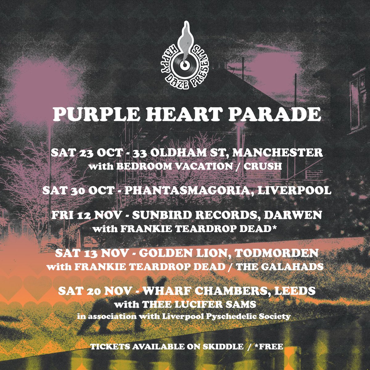 Happy Daze (@happydazealways) on Twitter photo ๐ Remaining dates for <a href="/PurpleHrtParade/">Purple Heart Parade</a>
Fri 12 Nov at <a href="/SunbirdRecords/">Sunbird Records</a> w/ <a href="/FTeardropDead/">FrankieTeardropDead</a>
Sat 13 Nov at <a href="/GoldenLionTod/">Golden Lion</a> w/ <a href="/FTeardropDead/">FrankieTeardropDead</a> & <a href="/the_galahads/">The Galahads</a>
Sat 20 Nov at <a href="/WharfChambersCC/">Wharf Chambers</a> w/ Thee Lucifers Sams & @BigSmileRevival
๐ Tickets >> linktr.ee/happydazetickeโฆ ๐ Remaining dates for <a href="/PurpleHrtParade/">Purple Heart Parade</a>
Fri 12 Nov at <a href="/SunbirdRecords/">Sunbird Records</a> w/ <a href="/FTeardropDead/">FrankieTeardropDead</a>
Sat 13 Nov at <a href="/GoldenLionTod/">Golden Lion</a> w/ <a href="/FTeardropDead/">FrankieTeardropDead</a> & <a href="/the_galahads/">The Galahads</a>
Sat 20 Nov at <a href="/WharfChambersCC/">Wharf Chambers</a> w/ Thee Lucifers Sams & @BigSmileRevival
๐ Tickets >> linktr.ee/happydazetickeโฆ
