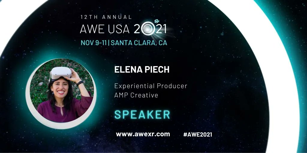 OYanez's tweet photo. Our very own Elena Piech will be at #AWE2021 talking about “Redefining Literature: Turning Books into AR/VR Experiences” today, Nov 11 at 10am PST. AWE (Augmented World Expo) #AR #vr https://t.co/qfkWJitFcm https://t.co/rsF7FfsHGZ