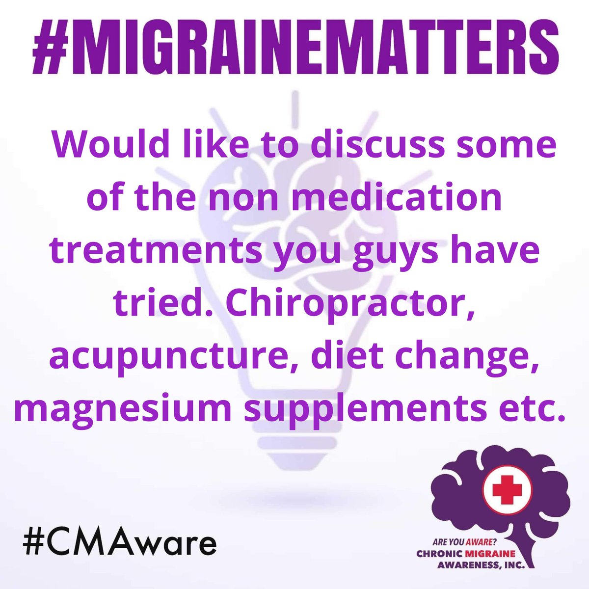 CMAware's tweet photo. #MemberQuestionOfTheDay #QOTD #MigraineMatters #CMAware #NotAlone 
Would like to discuss some of the non medication treatments you guys have tried. Chiropractor, acupuncture, diet change, magnesium supplements etc. https://t.co/QkoH6X8EeG